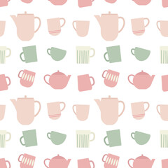 Cups,mugs and teapots seamless pattern. Cozy vector illustration. Hygge life style.