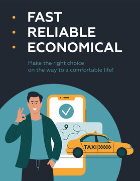 Taxi. Concept for an advertising flyer. Man, car, mobile phone. Vector image.