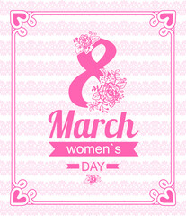Banner for International Womens Day. Flyer for March 8 with decor and different fonts. Template of spring holiday greeting card. Number 8 with ribbon text and decorations on pink background