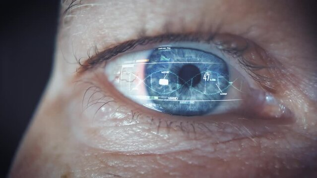 Human eye scan, infographics concept analysing smart data health stats, closeup