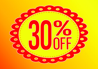 -30 percent discount. 30% discount. Up to 30%. Yellow and Red banner with floating balloon for promotions and offers. Up to. Vector. Discount and offer board.