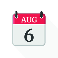 August 6 Calendar Icon. Calendar Icon with white background. Flat style. Date, day and month.