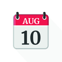 August 10 Calendar Icon. Calendar Icon with white background. Flat style. Date, day and month.
