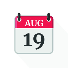 August 19 Calendar Icon. Calendar Icon with white background. Flat style. Date, day and month.
