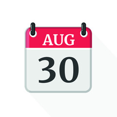 August 30 Calendar Icon. Calendar Icon with white background. Flat style. Date, day and month.