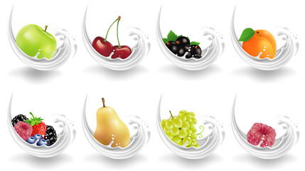 milk splash background with different fruits. Splash drops banner with cherry, pear, grapes, apple, forest fruits, raspberry, apricot