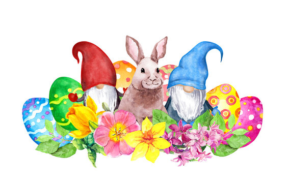 Easter bunny, gnomes with decorated colored eggs, bright flowers. Watercolor for spring holiday
