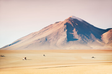 Desert with stones and volcanoes. Salvador Dali desert in plateau Altiplano, Bolivia