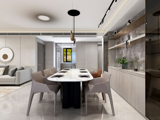 3D rendering, spacious dining room design next to the modern kitchen, with a beautiful dining table and greenery
