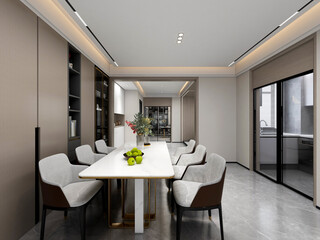 3D rendering, spacious dining room design next to the modern kitchen, with a beautiful dining table and greenery
