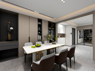 3D rendering, spacious dining room design next to the modern kitchen, with a beautiful dining table and greenery