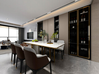 3D rendering, spacious dining room design next to the modern kitchen, with a beautiful dining table and greenery