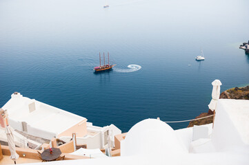 White architecture on Santorini island, Greece. Beautiful landscape, sea view. Travel and vacation