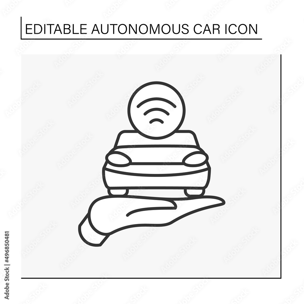 Poster automated car line icon. autopilot mode on an automobile. self-driving car controlled by wifi on pal