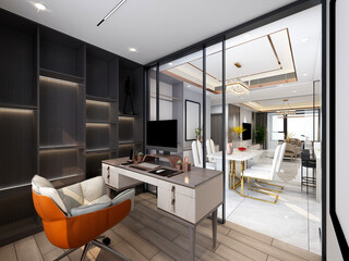 Fototapeta na wymiar 3D rendering, spacious modern residential study design