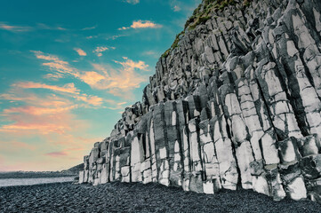 Mount Reynisfjall with basalt columns on the Reynisfjara Beach, southern Iceland