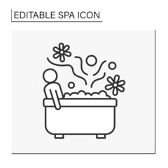 Aromatherapy line icon. Essential Oils bath for relaxation, stress and anxiety reduction. Cosmetology. Spa concept. Isolated vector illustration. Editable stroke