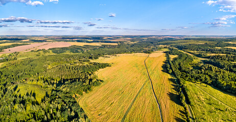 Aerial landscape of the Central Russian Upland. Ozerovka village, Kursk region.