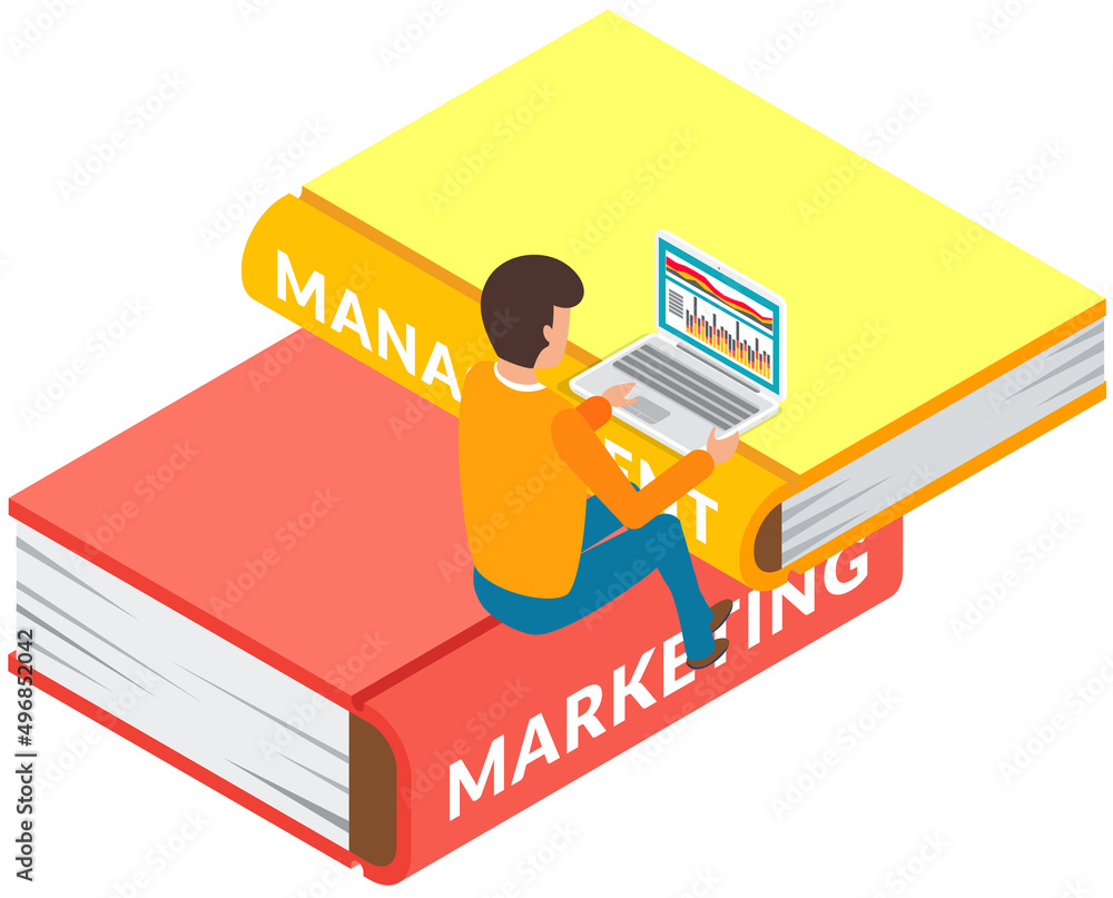 Poster young man marketer sitting on stack of large books and using pc studying in internet. online library