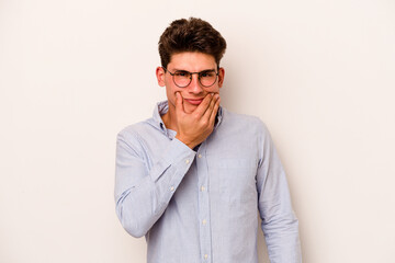 Young caucasian man isolated on white background doubting between two options.
