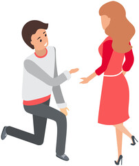 Young guy on knees proposing beautiful girl for marriage. Boyfriend makes marriage proposal to his girlfriend. People in relationships before wedding. Cartoon characters in love want to marry