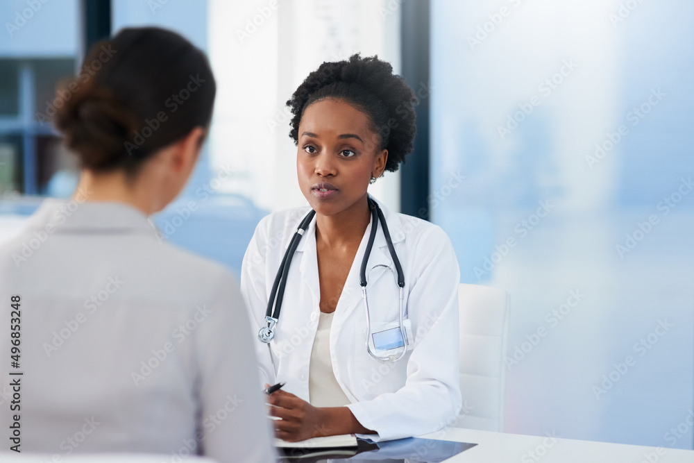 Wall mural any symptoms i should be aware of. cropped shot of a female doctor talking to a patient in her offic