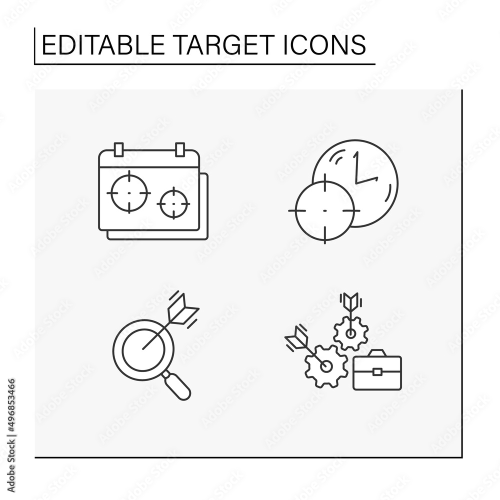 Poster target line icons set. goals achieved. analysing, researching and development. targeting concept. is