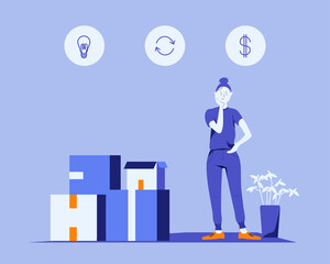 
a girl thinks about a business idea, boxes with goods, money and exchange light bulb icons
