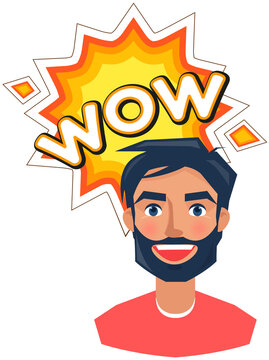 Person near word text on talk shape. Guy says wow. Surprised, shocked man talks. Communication, conversation, astonishment concept. Sticker, colloquial speech bubble above head of male character