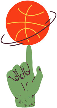Person spins basketball ball on finger. Basketball player trick isolated on white background. Sports team game symbol. Orange rubber ball with black stripes spinning on finger of green hand