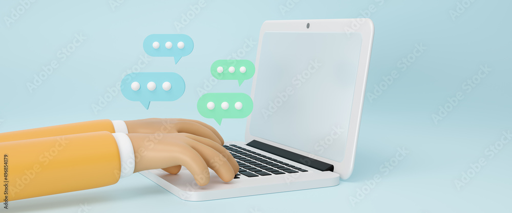 Poster livechat technology concept, worker using computer laptop on blue background, live chat chatting on 