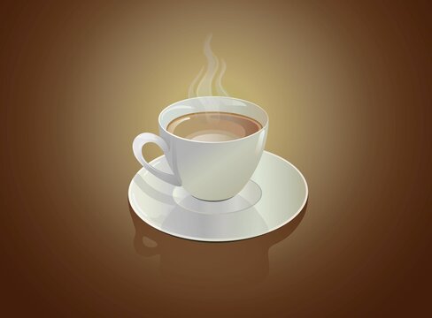White cup and saucer with hot coffee with steamed milk on a brown background in vector. Wallpaper and panels for the kitchen in vector. Food and drinks.