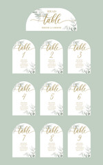 Wedding set of calligraphy guest seating card, template with number and elegant calligraphy.