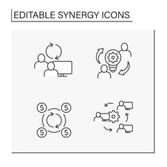 Synergy line icons set. Interaction or cooperation of organizations.Corporate investment, creative collaboration, sync devices. Coworking concept. Isolated vector illustrations. Editable stroke