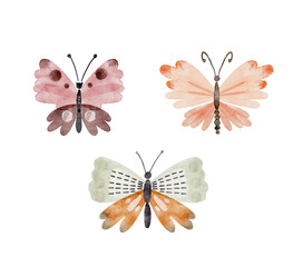 Set of abstract multicolored butterflies on a white background, watercolor illustration.