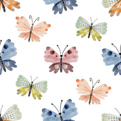 Seamless pattern with multi-colored butterflies on a white background close up, watercolor illustration.