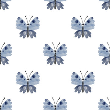 Seamless pattern with blue butterflies on a white background close-up, watercolor illustration.