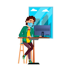 Business Man Wearing Facial Mask In Office Vector. Young Company Worker Wearing Protective Face Mask And Working At Computer Workplace. Character Manager Healthcare Flat Cartoon Illustration