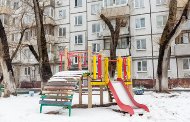 Courtyard of Khrushchyovka, common type of old low-cost apartment building in Russia and post-Soviet space. Kind of prefabricated buildings. Built in 1960s. Russia, Vladivostok.