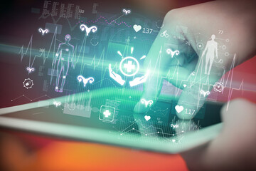 Close-up of a touchscreen with healthcare icons