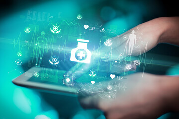 Close-up of a touchscreen with healthcare icons