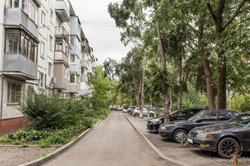 Courtyard of Khrushchyovka, common type of old low-cost apartment building in Russia and post-Soviet space. Kind of prefabricated buildings. Built in 1960s. Russia, Vladivostok.