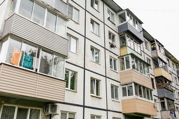 View of Khrushchyovka, common type of old low-cost apartment building in Russia and post-Soviet...