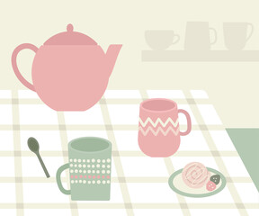 Still life with ceramic cups, kettle and cinnamon roll on the plate. Scandinavian life style vector illustration. Hygge time with tea.