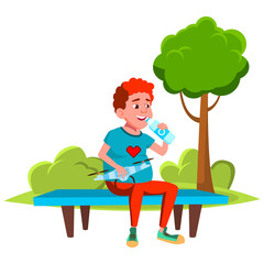 Teenager Boy Enjoying Drink On Park Bench Vector. Caucasian Teen Sitting In Nature With Drone And Drinking Healthy Natural Water From Bottle. Character Enjoy Beverage Outdoor Flat Cartoon Illustration