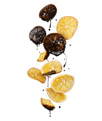 Dried oranges poured with melted chocolate in the air