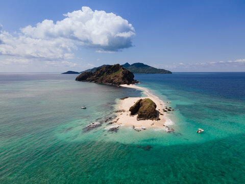 Beautiful drone aerial view of Mayotte lagoon, coral reef and island
