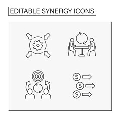Synergy line icons set. Interaction or cooperation of organizations.Corporate investment, revenue and cost synergy, communication. Coworking concept. Isolated vector illustrations. Editable stroke