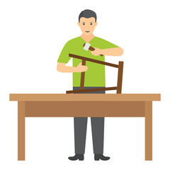 carpenter fixing the Office Chair Concept, Furniture Repair and Recycling vector color icon design, Crafting occupations symbol, hobby and art works Sign, Creative People stock illustration