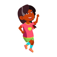 Kid Girl Jumping And Celebrate Victory Vector. Indian Little Lady Jumping And Celebrating Success Achievement In Smart Game Or Tournament. Character Energy Time Flat Cartoon Illustration